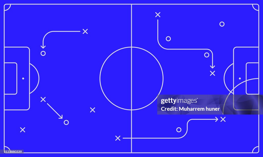 Football tactics board vector illustration. Football concept blue background. Editable vector lines.