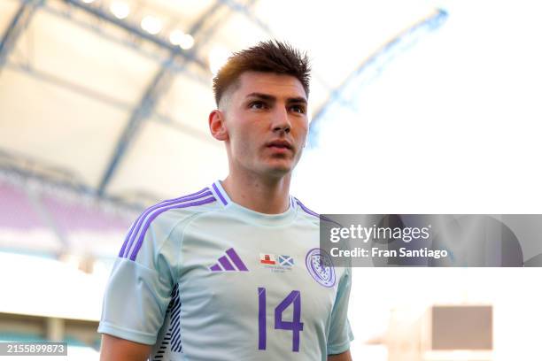 Billy Gilmour of Scotland looks on prior to the international friendly match between Gibraltar and Scotland at Estadio Algarve on June 03, 2024 in...