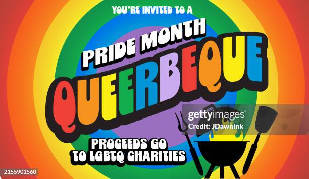 pride month june queerbeque bbq poster design web banner template with placement text and rainbow colors - empty bbq grill stock illustrations