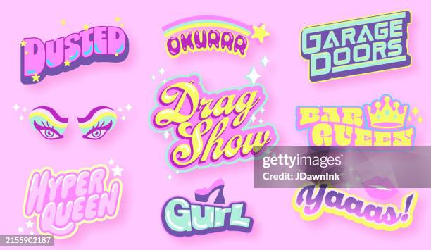 set of pride month drag queen show icon text designs sayings and phrases in pastel colors - drag queen stock illustrations