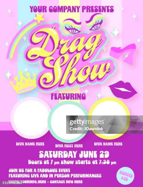 pride month june drag queen show poster design template with placement text in pastel colors - art exposition stock illustrations