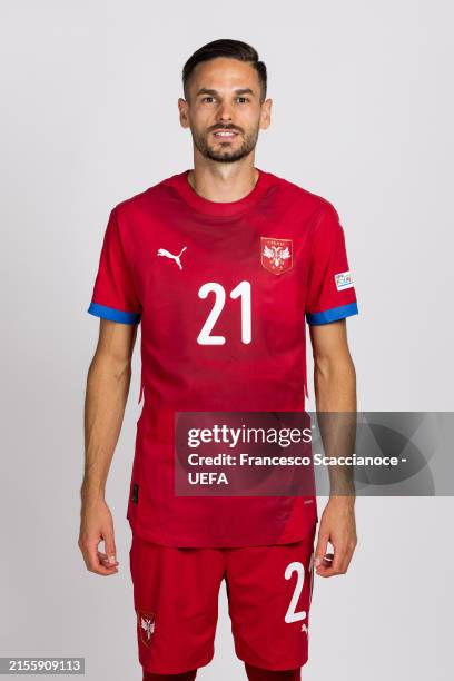 Mijat Gacinovic of Serbia poses for a portrait during the Serbia Portrait session ahead of the UEFA EURO 2024 Germany on June 02, 2024 in Stara...