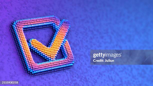 check mark sign on the futuristic blue pixelated background. approved, vote symbol. correct choice 3d illustration. - safety inspection cartoon stock pictures, royalty-free photos & images