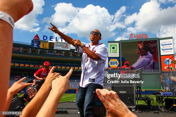 Rapper Ludacris performs during a post-game concert after the game between the Atlanta Braves and the Philadelphia Phillies at Turner Field on May...
