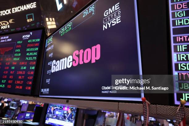 The Gamestop company logo is seen on display at the New York Stock Exchange during afternoon trading on June 03, 2024 in New York City. Stocks closed...