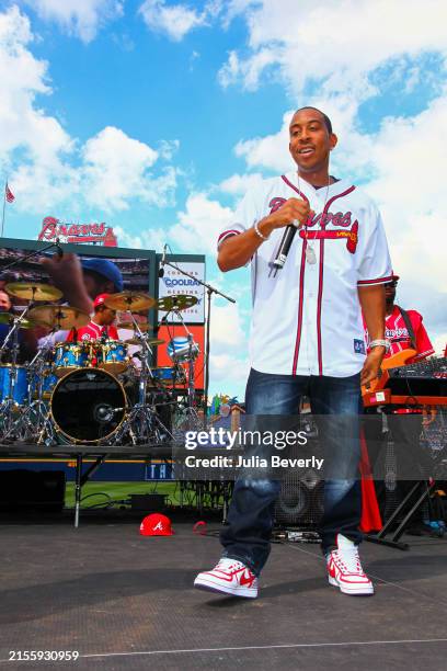 Rapper Ludacris performs during a post-game concert after the game between the Atlanta Braves and the Philadelphia Phillies at Turner Field on May...