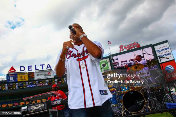 Rapper Ludacris performs during a post-game concert after the game between the Atlanta Braves and the Philadelphia Phillies at Turner Field on May...