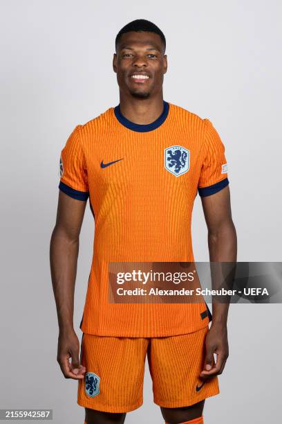 Denzel Dumfries of Netherlands poses for a portrait during the Netherlands Portrait session ahead of the UEFA EURO 2024 Germany on June 03, 2024 in...