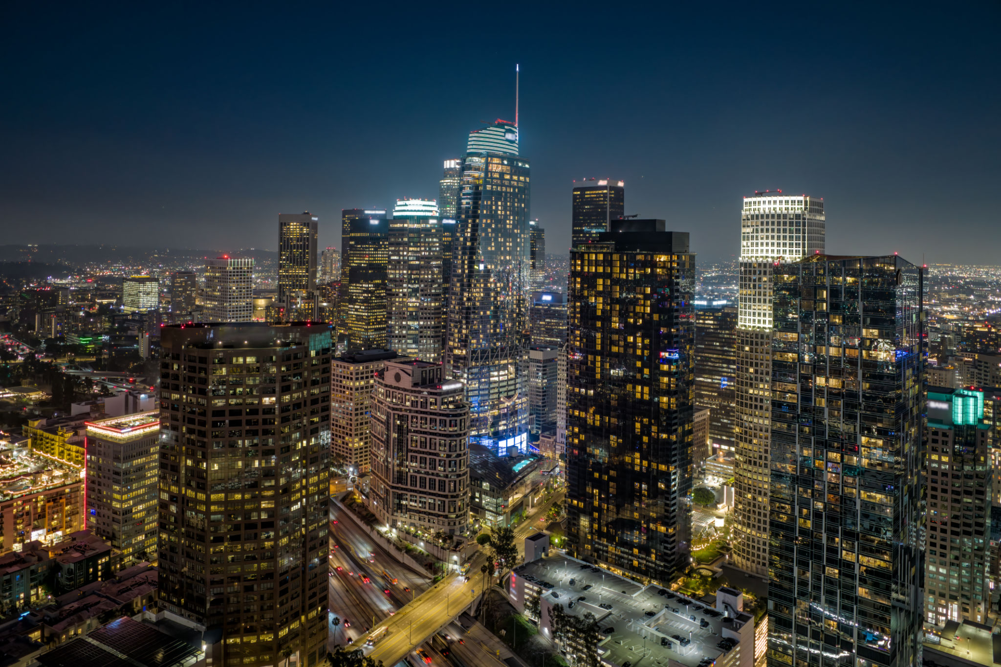 Aerial of the LA Skyline at Night Aerial of the LA Skyline at Night