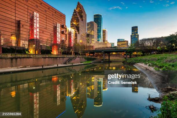 downtown houston texas usa night waterfront - houston texas stock pictures, royalty-free photos & images