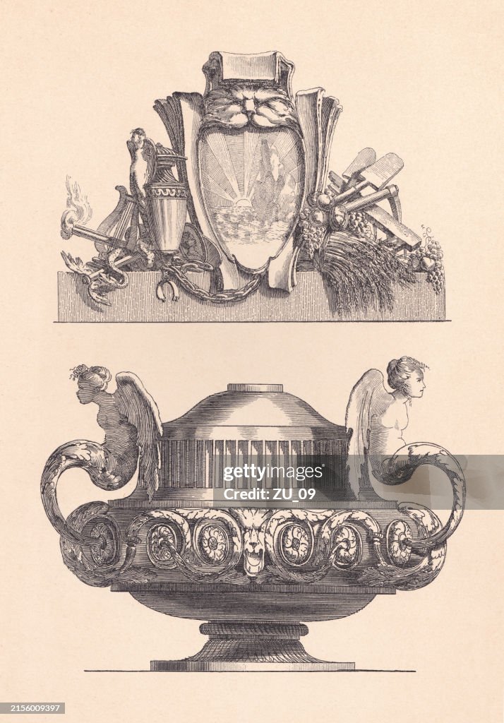 Trophy and vase design, engraved by Jean-Charles Delafoss, woodcut, 1891