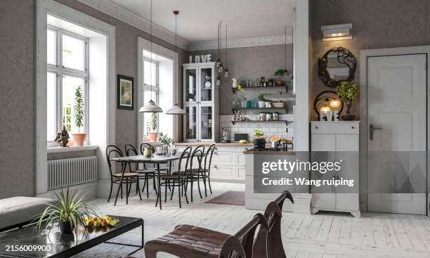 retro style dining room - eetkamer stockfoto's en -beelden