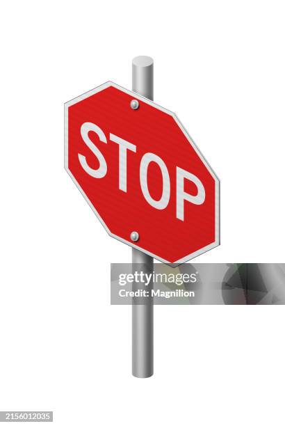 ilustraciones, imágenes clip art, dibujos animados e iconos de stock de señal de alto roja en poste de metal - señal de control de tráfico, vector isométrico - stop sign pole
