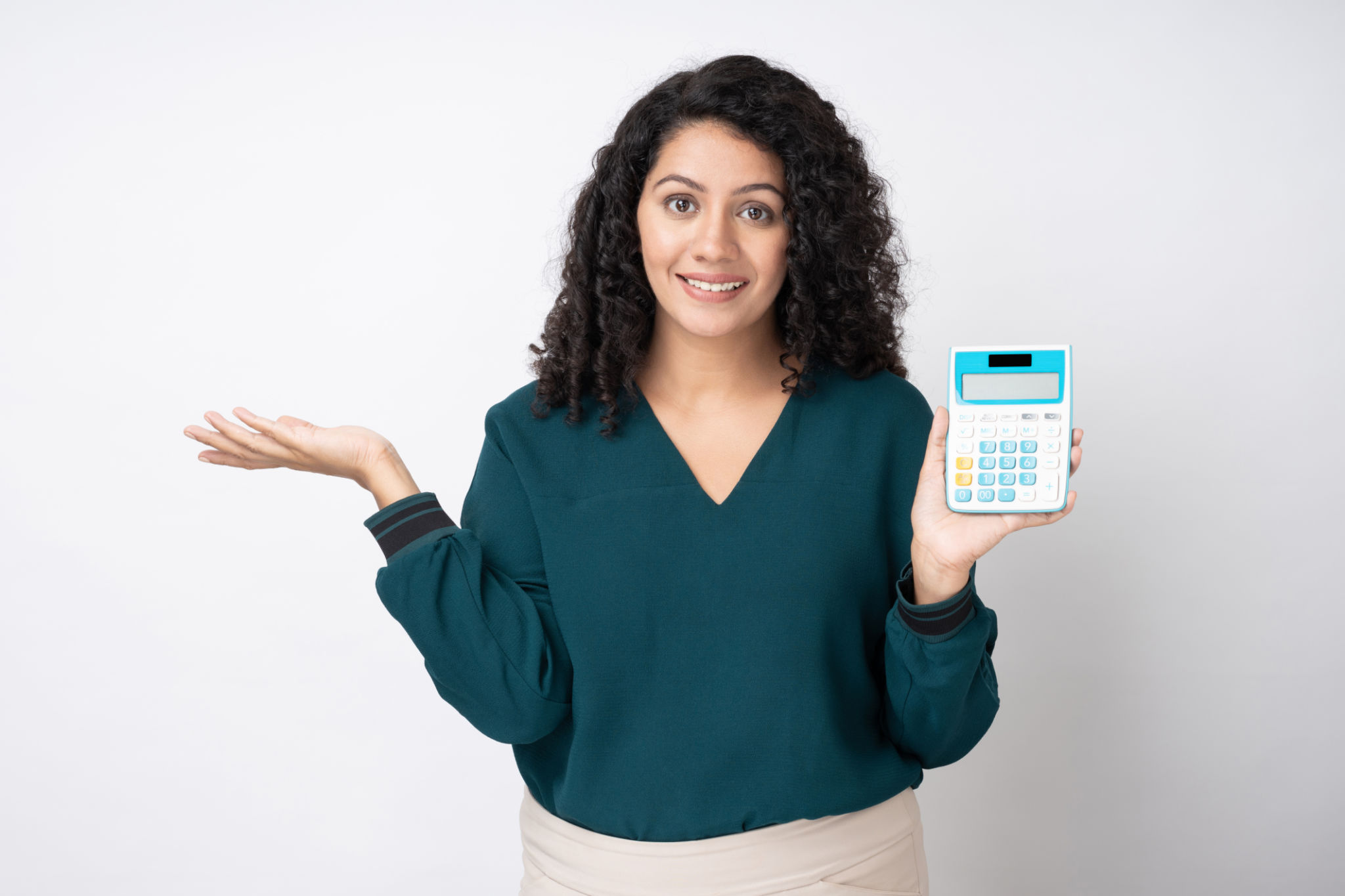 Portrait of young businesswoman with curly hairstyle wear trendy smart casual outfit isolated on white background stock photo Portrait of young businesswoman with curly hairstyle wear trendy smart casual outfit isolated on white background stock photo