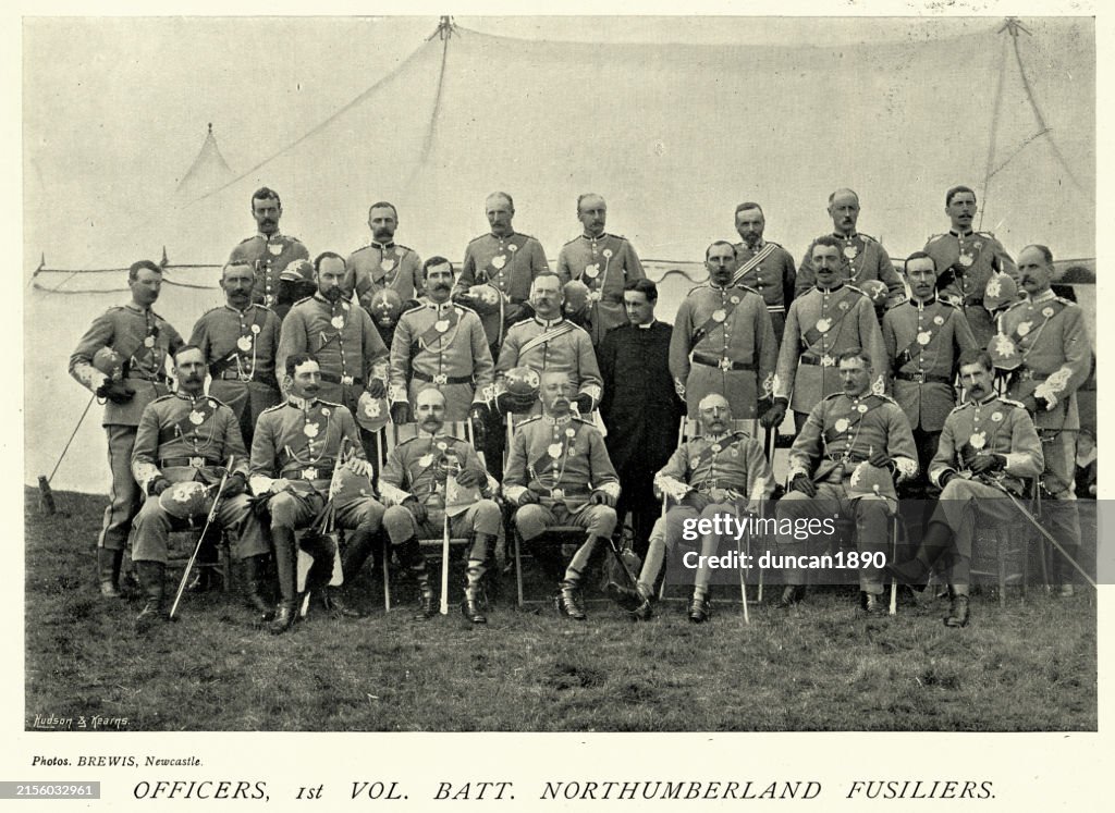 Military History, Victorian British army soldiers, Officers 1st Volunteer Battalion Northumberland Fusiliers, 1890s, 19th Century Vintage Photograph