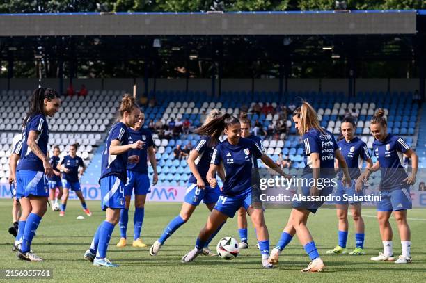 Italian players warm up before the UEFA Women's EURO 2025 Qualifier match between Italy and Norway at Stadio Paolo Mazza on June 04, 2024 in Ferrara,...