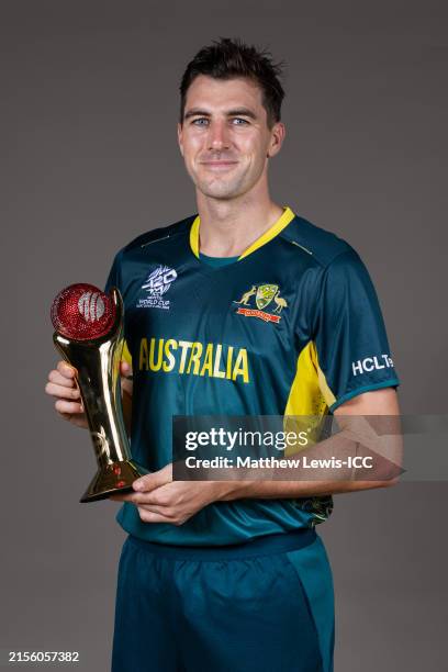 Pat Cummins of Australia poses for a portrait with his Sir Garfield Sobers Trophy for the ICC Men's Cricketer of the Year prior to the ICC Men's T20...