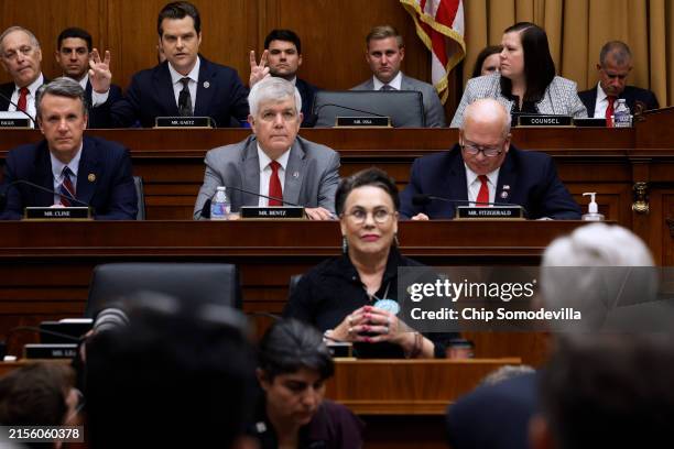 House Judiciary Committee member Rep. Matt Gaetz makes air quotes while questioning U.S. Attorney General Merrick Garland during a committee hearing...