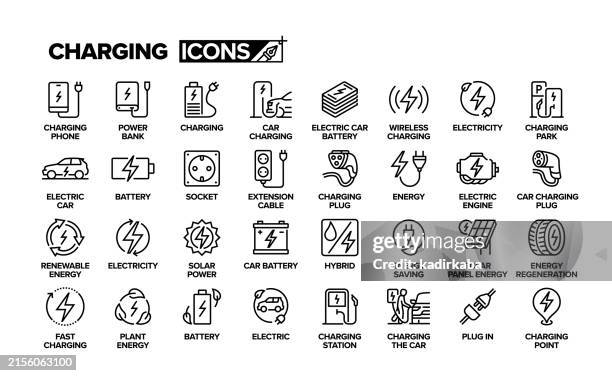 laden, elektro, autoladen, energieeffizienz-line-icon-set. - benzin sparen stock-grafiken, -clipart, -cartoons und -symbole