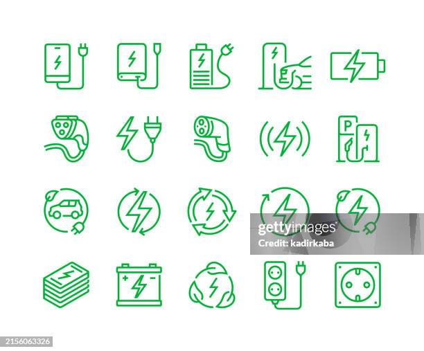 illustrations, cliparts, dessins animés et icônes de charge, électrique, recharge de voiture, jeu d’icônes de ligne d’efficacité énergétique. - chargeur de batterie