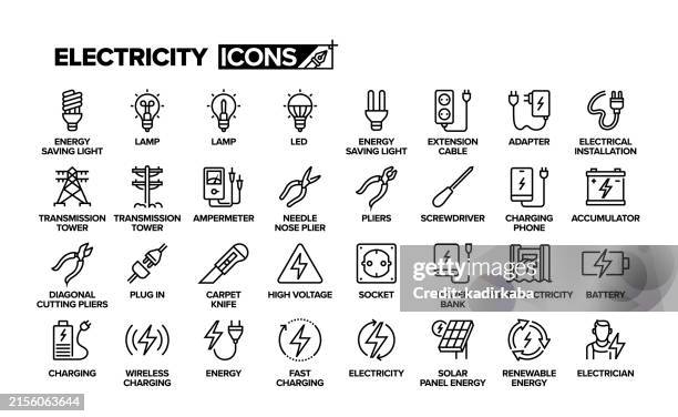 stockillustraties, clipart, cartoons en iconen met electricity line icon set. - electricity
