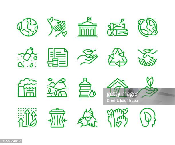 ilustraciones, imágenes clip art, dibujos animados e iconos de stock de conjunto de iconos de línea de gobernanza social ambiental. - basura cero