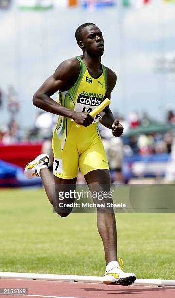 Usain Bolt of Jamaica in the Medley Relay during the Third IAAF World Youth Championships on July 12, 2003 in Sherbrooke, Canada.