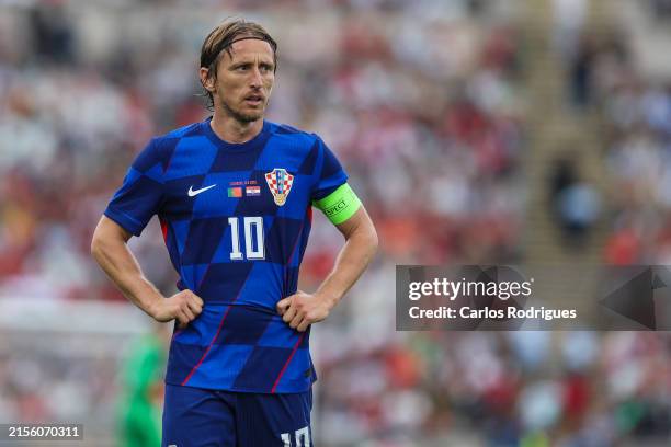 Luka Modric of Croatia in action during the International Friendly match between Portugal and Croatia at Estadio Nacional do Jamor on June 8, 2024 in...