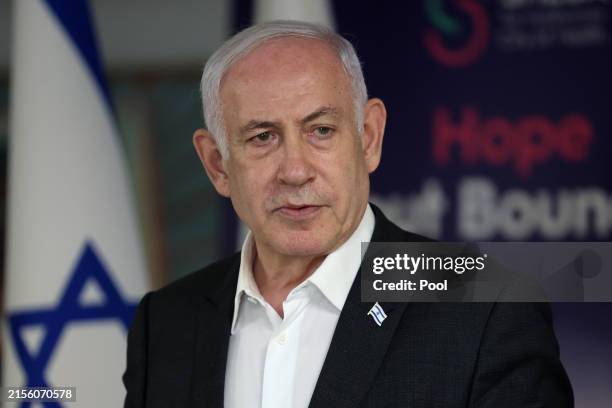 Israeli Prime Minister Benjamin Netanyahu speaks during a press conference at the Sheba Tel-HaShomer Medical Centre on June 8, 2024 in Ramat Gan,...
