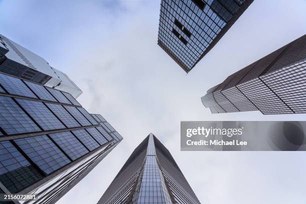 look up view of hudson yards in new york - hudson yards stock pictures, royalty-free photos & images