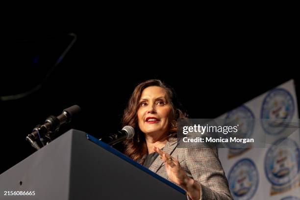 Michigan Governor Gretchen Whitmer speaks during the 69th Annual Fight For Freedom Fund Dinner at Huntington Place on May 19, 2024 in Detroit,...