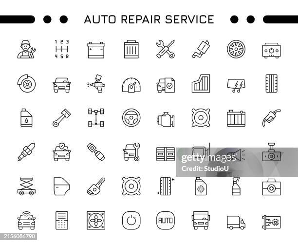 ilustrações, clipart, desenhos animados e ícones de auto repair service editable stroke icon set - volante-parte-de-veículo