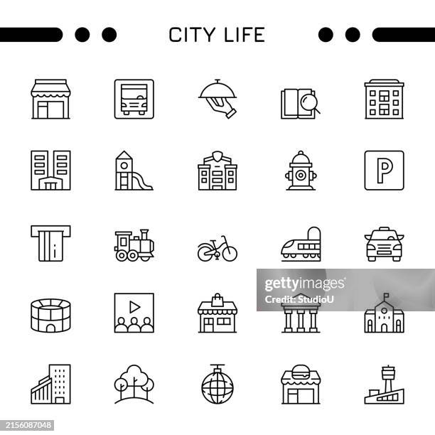 city life editierbares strich-icon-set - naturpark stock-grafiken, -clipart, -cartoons und -symbole