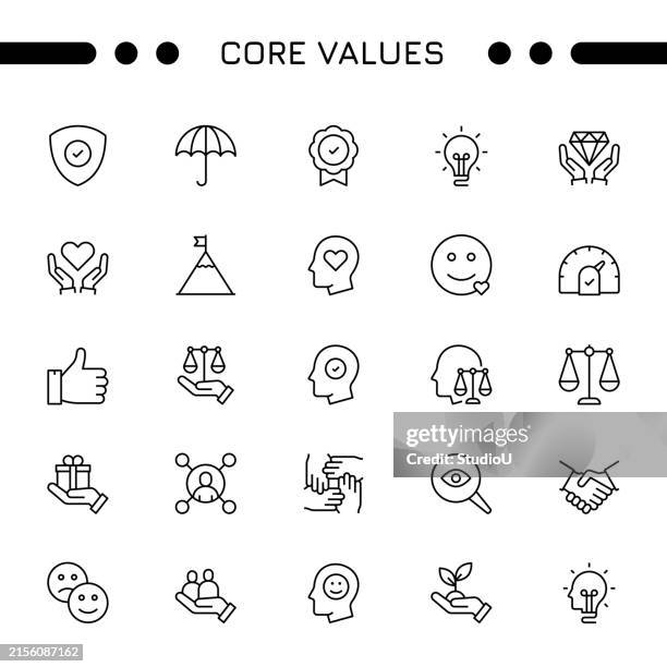 core values editable stroke icon set - committed team stock illustrations