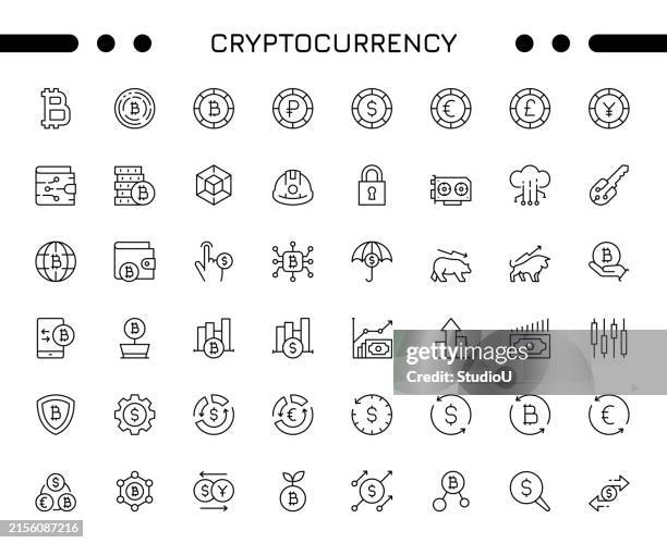 stockillustraties, clipart, cartoons en iconen met cryptocurrency editable stroke icon set - monetair-beleid