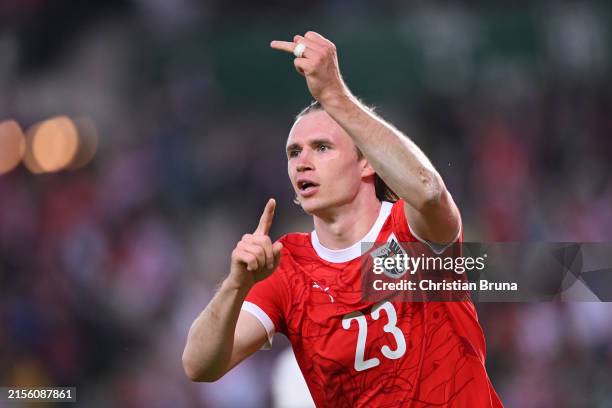 Patrick Wimmer of Austria celebrates scoring his team's first goal during the international friendly match between Austria and Serbia at Ernst Happel...