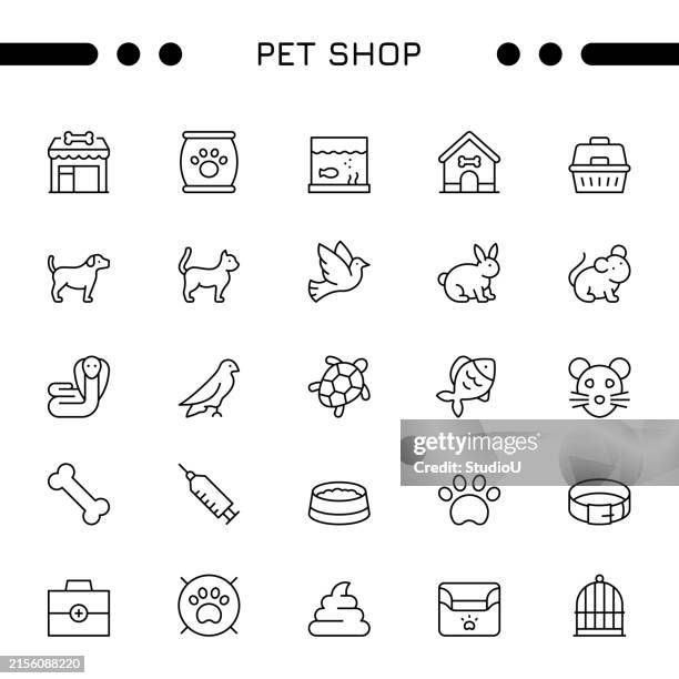 pet shop editable stroke icon set - cat line drawing stock illustrations