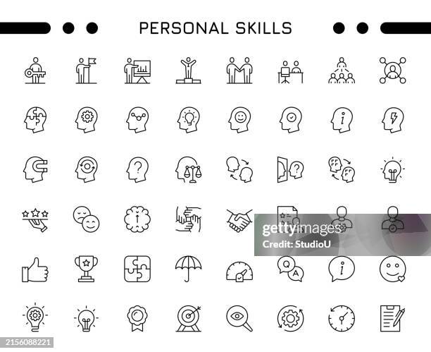ilustrações de stock, clip art, desenhos animados e ícones de personal skills editable stroke icon set - pensando