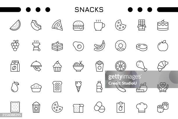 ilustraciones, imágenes clip art, dibujos animados e iconos de stock de conjunto de iconos de trazo editable de snacks - carne de vaca