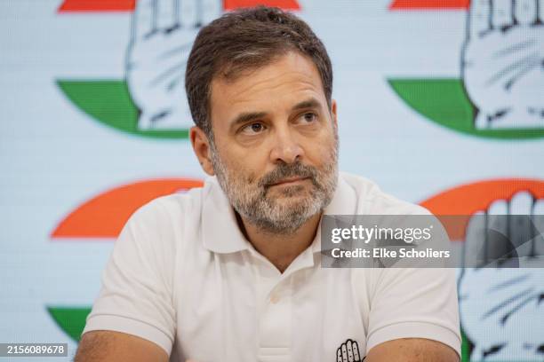 Rahul Gandhi, senior leader of the Indian National Congress party, addresses media during India's election result announcement on June 04, 2024 in...