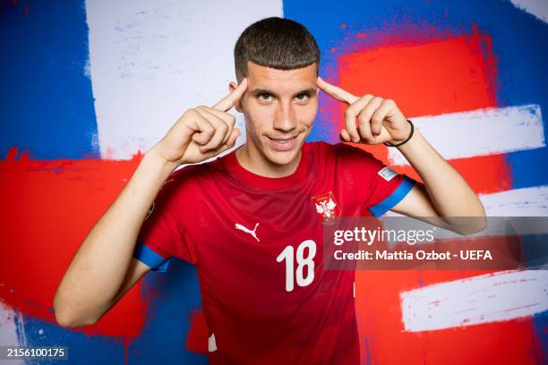 Petar Ratkov of Serbia poses for a portrait during the Serbia Portrait session ahead of the UEFA EURO 2024 Germany on June 02, 2024 in Stara Pazova,...