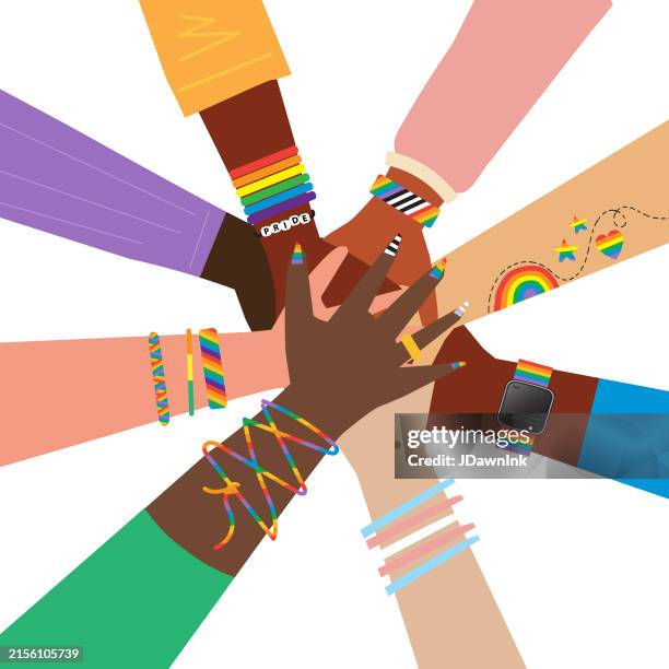vibrant and colorful lgbtq concept circle of diverse hands uniting and celebrating on white background - multiculturalism stock illustrations