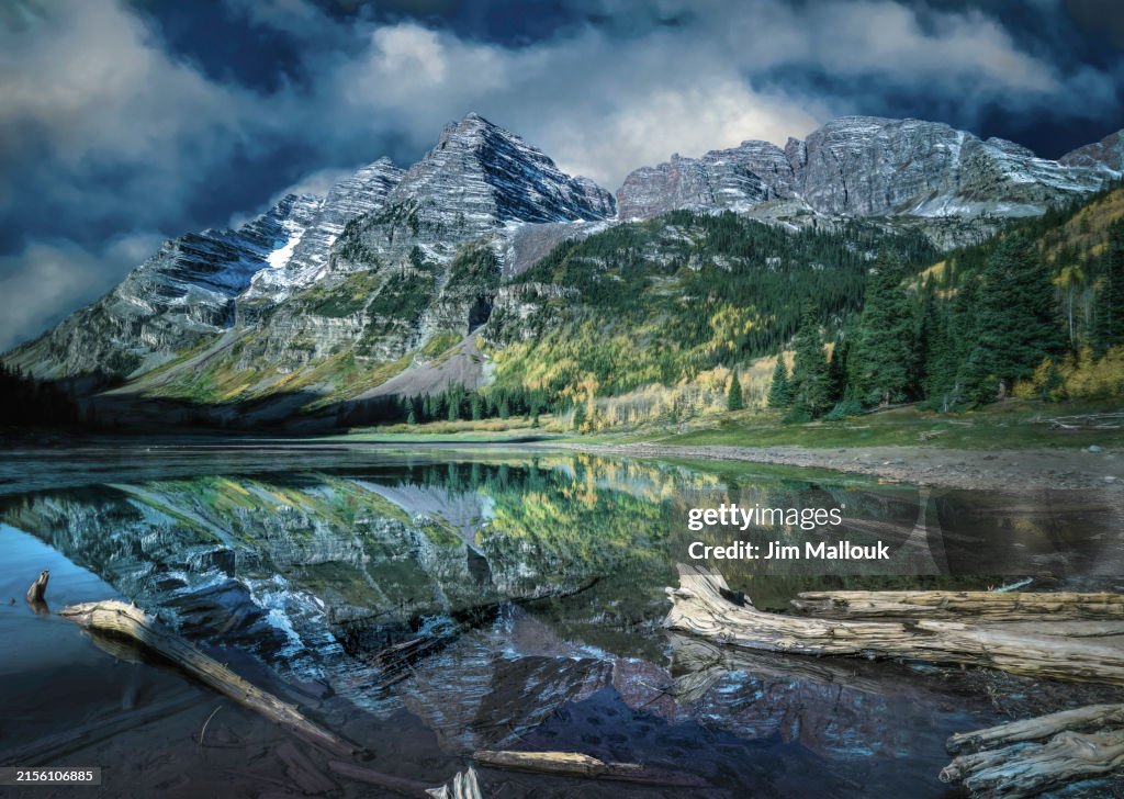 Maroon Bells reflection in Crater Lake