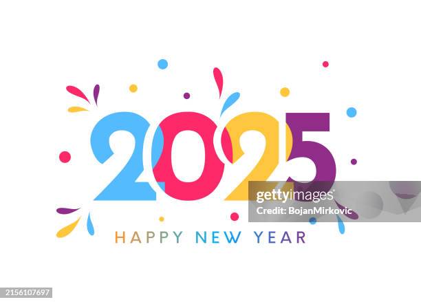 ilustraciones, imágenes clip art, dibujos animados e iconos de stock de tarjeta colorida de feliz año nuevo 2025. vector - new year