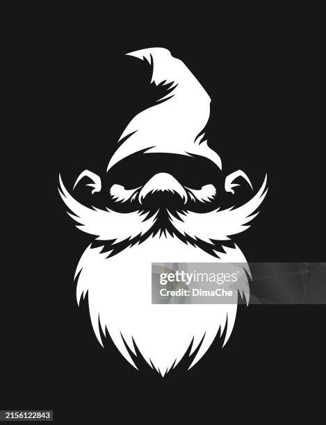 zwergkopf im hut - ausgeschnittene vektor-silhouette, symbol, aufkleber - weihnachtsbilder stock-grafiken, -clipart, -cartoons und -symbole