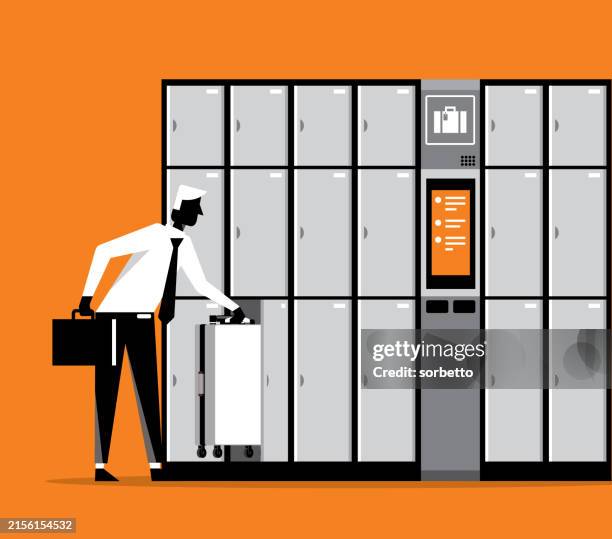 ilustraciones, imágenes clip art, dibujos animados e iconos de stock de hombre de negocios poniendo sus cosas en un casillero electrónico - taquilla lugar de comercio