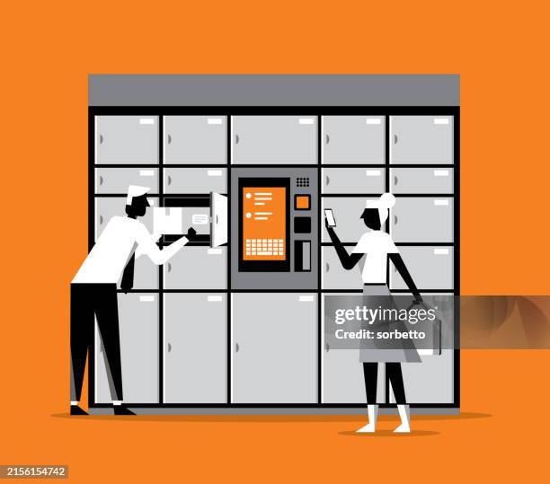 illustrazioni stock, clip art, cartoni animati e icone di tendenza di cliente che utilizza un terminale postale o un armadietto self-service automatizzato - self service