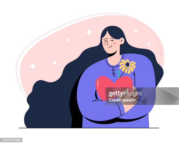 embracing self-love - vector illustration of a woman with a heart - self improvement stock illustrations