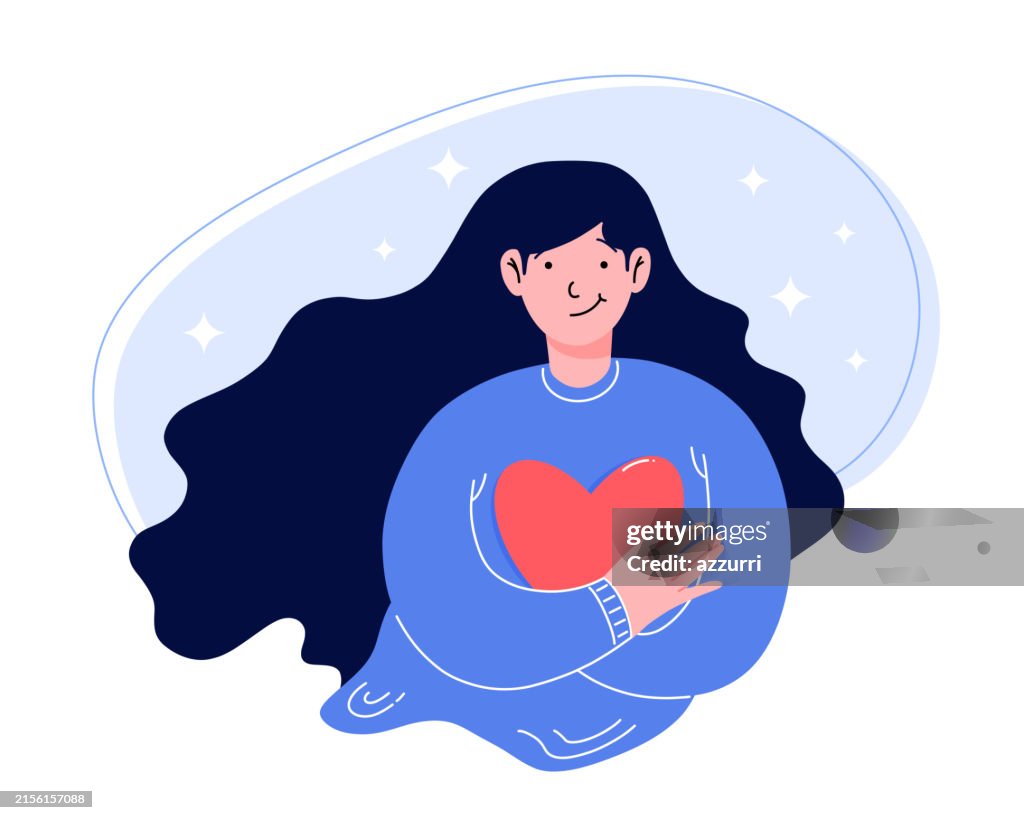 Inner Peace and Self-Love - Vector Illustration of a Woman with a Heart
