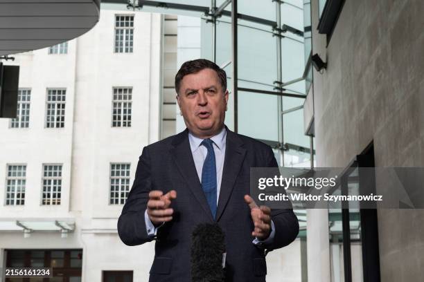 Secretary of State for Work and Pensions Mel Stride speaks to the media outside the BBC Broadcasting House after attending the Sunday with Laura...